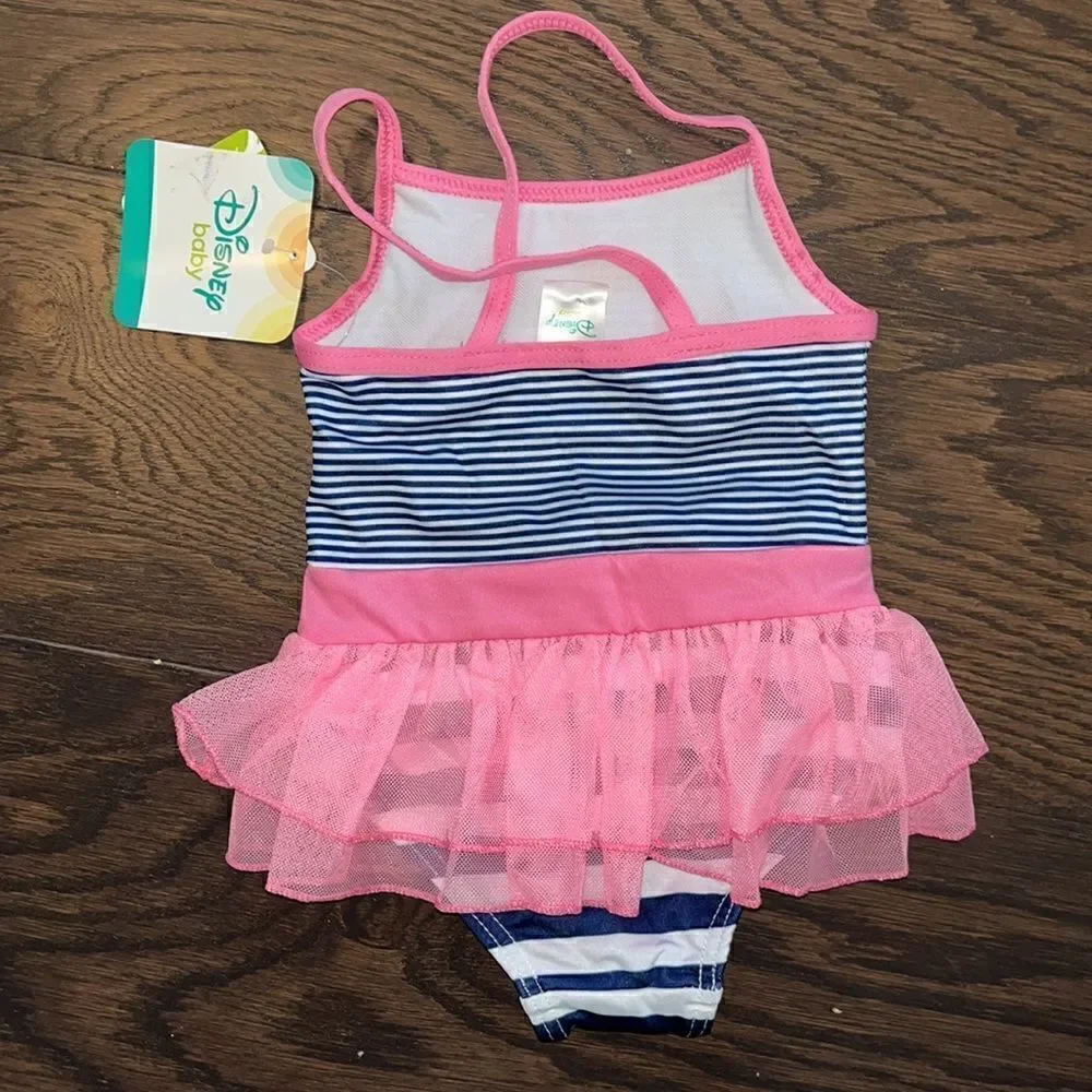 New Disney Baby French Blue Stripe Pink Bow Toddler Girls Swimsuit 12 month MO